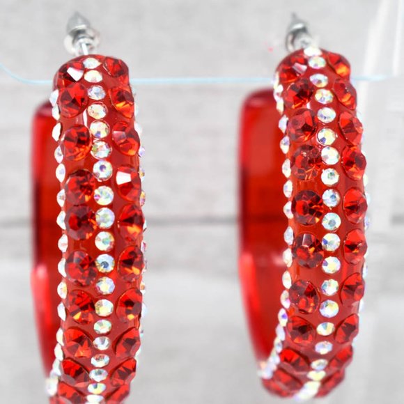 2" Clear Red AB/Red Lucite Rhinestone Hoop Earring - Picture 4 of 11